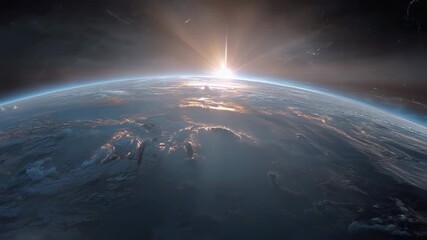 Wall Mural - sunrise over planet earth from outer space with glowing sunlight rays, atmospheric horizon, and stun