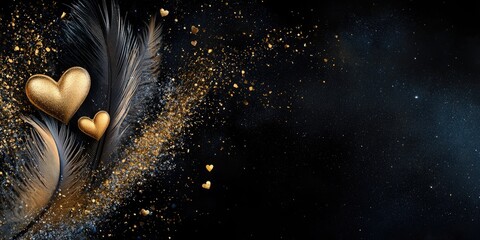 Wall Mural - Elegant composition of feathers, hearts, and gold on a black background, mystical silver mist in the air Stock photo