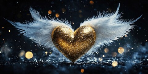 Wall Mural - elegant golden heart embraced by white feather wings, silver particles drift across a dark, dreamy b