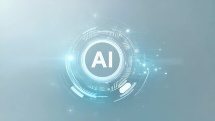 Wall Mural - A white, circular, futuristic AI icon with the letters AI in it, set against an abstract background with light blue and gray tones. The circle is filled with various technological