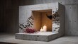 © BOJOShop - Minimalist concrete structure with burning candles and red berries indoors