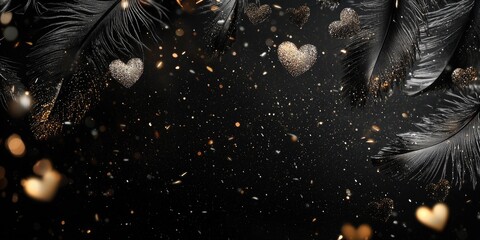 Wall Mural - Mystical black background scene, feathered hearts, glowing gold, and drifting silver glitter Stock photo