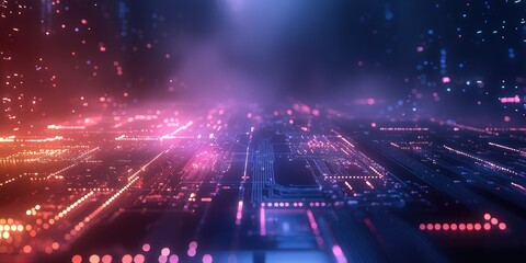 Wall Mural - virtual circuit field glowing under a dark mist stock photo