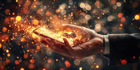 Wall Mural - Visual explosion of social notifications around phone in businessmanâ€™s hand Stock photo