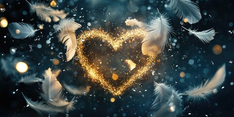Wall Mural - White feathers swirling into heart shapes in air, golden heart glowing, silver particles drifting, soft lighting effect Stock photo