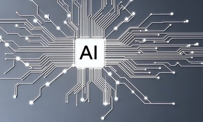 Sticker - abstract white circuit board with ai text on a grey background, vector presentation design.
