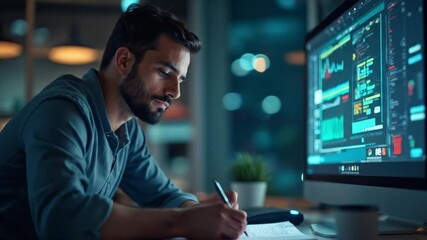 Man Working Analyzing Data on Computer at Night in Office