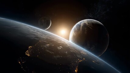 Wall Mural - Panoramic lunar eclipse in outer space with the moon, planet earth, and bright glowing sun against a cosmic star-filled background, celestial astronomy scene of eclipse phenomenon