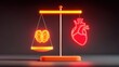 © Benjawan - Glowing brain and heart icons balancing on scale, business decision-making between logic and emotion, abstract metaphor illustration, copy space for text,