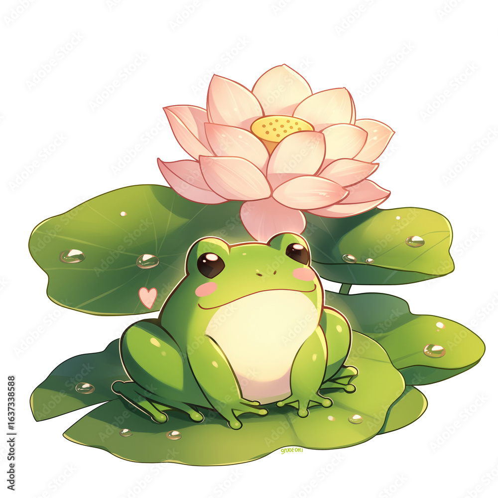 静かな池に咲く美しい蓮の花と、その葉の上にちょこんと座る可愛い蛙を