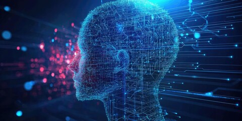Wall Mural - ai visualization with human head silhouette and digital brain circuits stock photo