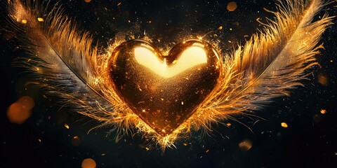 Wall Mural - stylized twin heart feathers surrounding a central gold heart, shimmering particles around stock pho