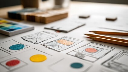 UI UX design sketches on desk, workspace, color palette