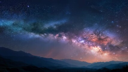 Wall Mural - Stunning panoramic view of the milky way galaxy with countless stars, vibrant cosmic dust clouds, and glowing nebula formations in a clear night sky, breathtaking deep space astronomy background