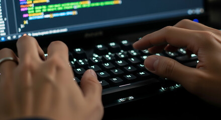 close-up view of hands typing on a backlit keyboard, coding on a computer screen.