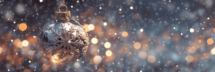 Holiday ornament sparkling with snowflakes and bokeh effect, close-up