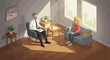 © Scroopt - Woman talking with a therapist in his office during daytime, indoor scene