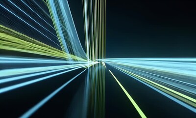 Wall Mural - A 3D rendering of an abstract background with light green and blue neon lines, creating a dynamic motion effect on a dark backdrop