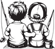 © Irfarasheedmasih - Black and white illustration of two children fishing side by side on a dock, with rods, a bucket, and a calm, reflective mood