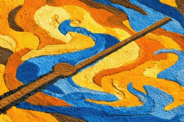 Abstract pattern of swirling, layered colors; orange, yellow, and blue.  Dark brown object positioned in center
