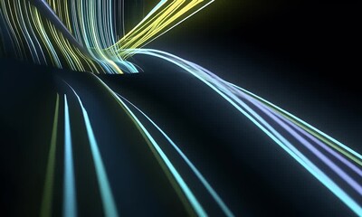 Wall Mural - A 3D rendering of an abstract background with light green and blue neon lines, creating a dynamic motion effect on a dark backdrop