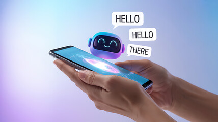 Artificial intelligence robot interacting on smartphone display with chat bubble greetings in futuristic style
