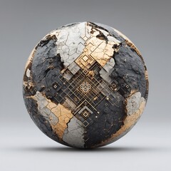 Abstract Earth Globe with Cracked Texture and Gold Lines
