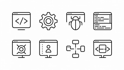 Collection of software development icons representing coding debugging settings and system architecture isolated on white background