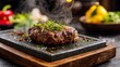 © InkCrafts - Delicious grilled steak garnished with herbs, served on a sizzling hot stone.