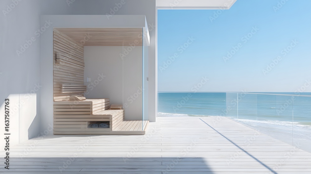 Modern light-colored wooden sauna on a seaside deck.