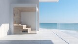 Modern light-colored wooden sauna on a seaside deck.