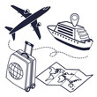 © MST SAHIDA  BEGUM  - Travel icons featuring airplane, cruise ship, suitcase, and map isolated on white background, great for tourism and vacation designs