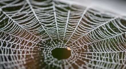 Dew-Kissed Spiderweb: Intricate Pattern with Water Droplets on a Dark Background