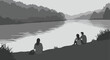 © Kativo - People enjoy a serene monochrome landscape by the water, with mountains