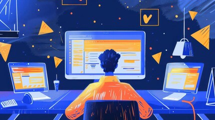 Person sitting at desk with multiple computer screens in a modern abstract style illustration
