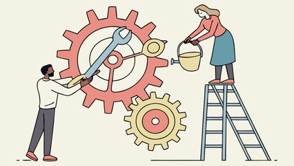 Collaborative Teamwork People Working Together on Gears and Tools.