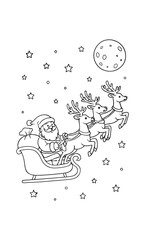  Santa claus flying with reindeer sleigh under moon and stars in outline style