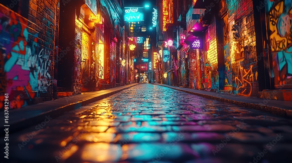 Night alleyway vibrant with neon lights and graffiti Stock Photo ...