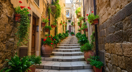  Narrow Stone Alleyway in Ortigia With Hanging Plants and Sunlight Filtering In