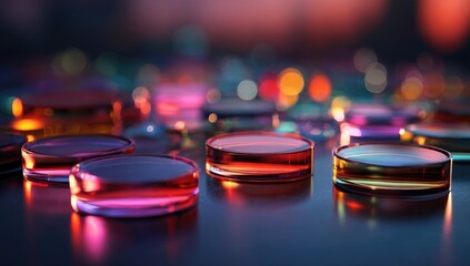 Colorful, translucent discs on a dark surface, bokeh background