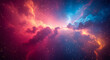 © Dionisia - An abstract space background of a vibrant nebula with glowing cosmic dust and stars in a beautiful mix of red, pink, and blue, representing cosmic energy and discovery.