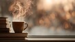 © kirania - A steaming cup of coffee sits atop a stack of books.
