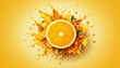 © T - Orange slice with splashing juice on a refreshing yellow-orange background.