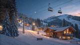 Photo of luxury Alpine ski resort at twilight with cozy wooden chalet at night with snow covered mountains in the background