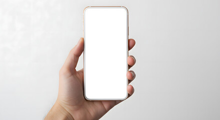 Hand holding modern smartphone with blank white screen, isolated on light background. Perfect for app mockup or design presentation.