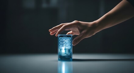 Human hand interacting with a glowing futuristic smartphone. Concept of advanced mobile technology, digital interface, and innovation