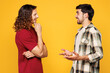 © ViDi Studio - Side profile view young cool two friends buddies men they wear casual clothes together talk speak meet each other isolated on plain yellow orange color background studio portrait. Lifestyle concept.