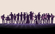 © Raf Digital - A diverse ensemble of musicians playing various instruments including guitar keyboard flute trumpet violin cello harp and accordion in a striking purple silhouette against a pale background