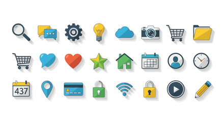 Modern flat design vector icon set with long shadow effect, perfect for user interface and graphic design.