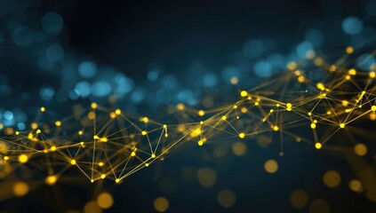 Abstract network graphic with glowing yellow nodes and lines on a dark background, interspersed with soft blue bokeh